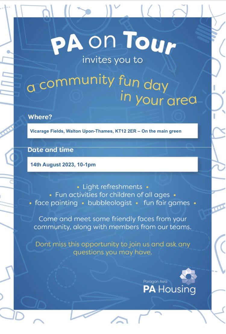 Looking for something to keep the kids entertained during the holidays?

We’re holding a Community Fun Day at Vicarage Fields, Walton Upon-Thames and would love to see you there!

Lots of fun activities and @pa_housing staff will be there to answer any queries you may have.