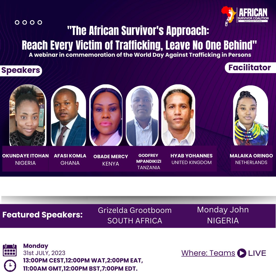 OkundayeItohan's tweet photo. Join the @AFRICANSURVIVER commemorating the World Day Against Trafficking in Persons .The webinar, led by Survivor experts from across Africa, promises to be an insightful panel of  African Survivor’s Approach: Reach every victim of trafficking, leave no one behind”. https://t.co/fuSPMTz1G4