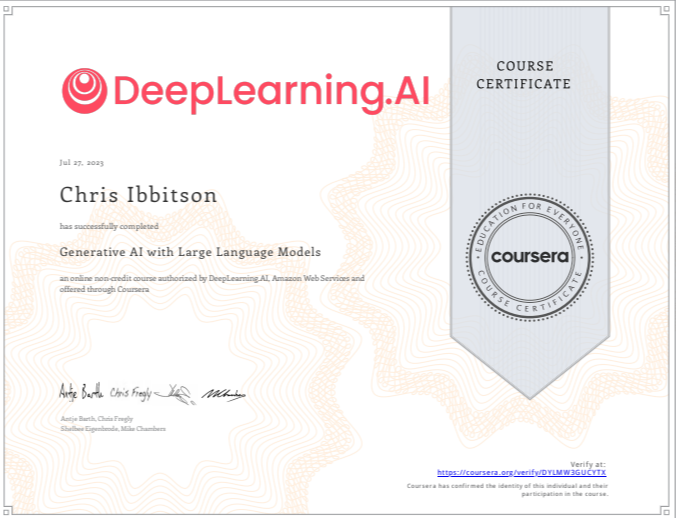 ibbitsc's tweet photo. With everyone talking about GenAI, thought I should dive a bit deep on it and take thee “GenAI with Large Language Models” course from @Coursera. Really interesting course, which I’d recommend everyone to take to learn more about GenAI! #LearnAndBeCurious https://t.co/EX4MWObTyb https://t.co/rGinE5nmC7