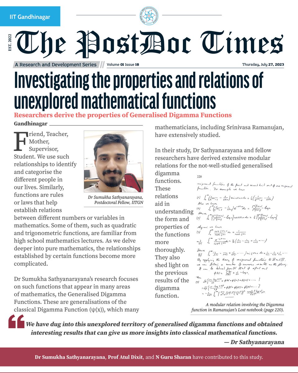 iitgn's tweet photo. Dr Sumukha Sathyanarayana is Postdoctoral Fellow at Prof Atul Dixit’s Lab in IITGN’s Mathematics Department. His research focuses on #AnalyticNumberTheory, #ModularForms, and L-functions https://t.co/KinLmj0swi