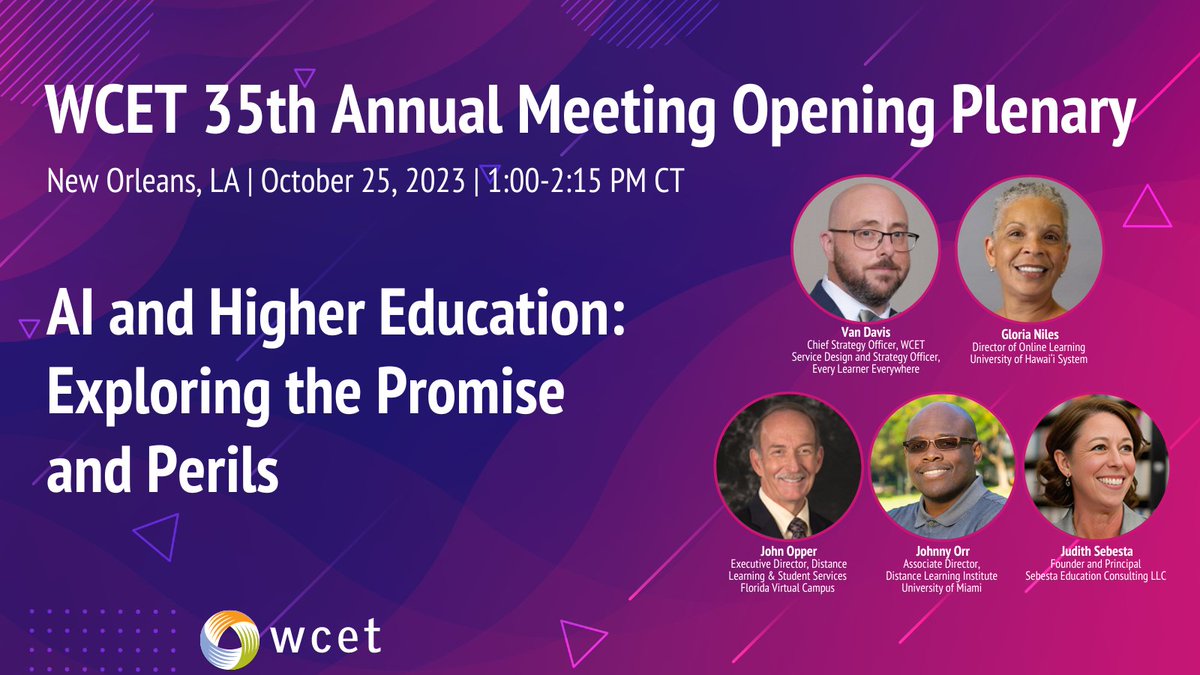 EveryLearnerNet's tweet photo. We're excited for the #WCET2023 #AnnualMeeting #OpeningPlenary, #AI and Higher Education: Exploring the Promise & Perils, with leading experts & visionaries in #artificialintelligence & #education exploring #generativeAI in #teachingandlearning. Register: https://t.co/LDreRI20d6 https://t.co/t09lp5iHlu