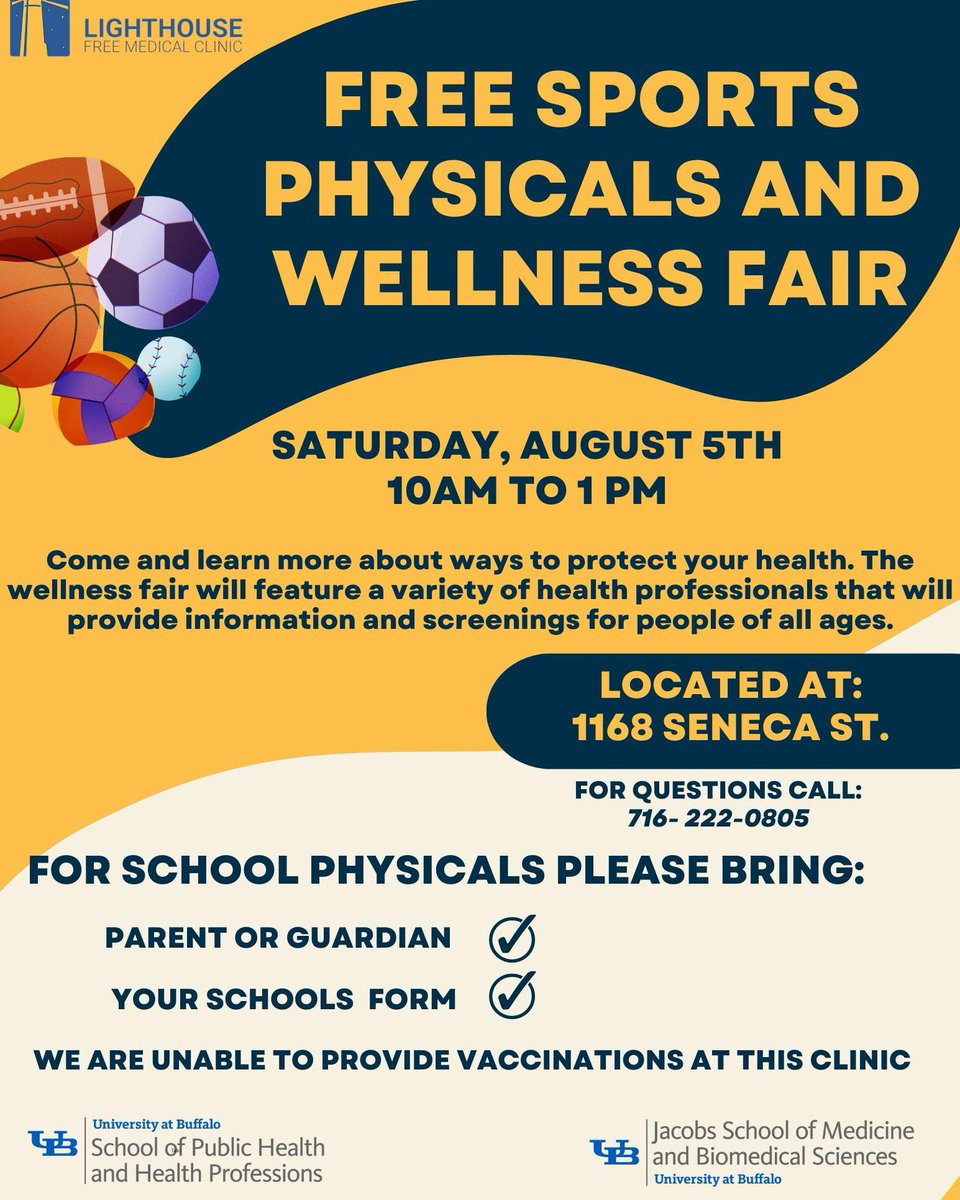 ubsphhp's tweet photo. Don't miss out on a free back-to-school or sports physical next Sat., Aug. 5 from 10 a.m. - 1 p.m. at the Seneca-Babcock Community Center. We are hosting a Sports Physical and Wellness Fair with @Jacobs_Med_UB. Come and learn more about ways to protect your health!

#UBuffalo https://t.co/AXRfwX5z7h