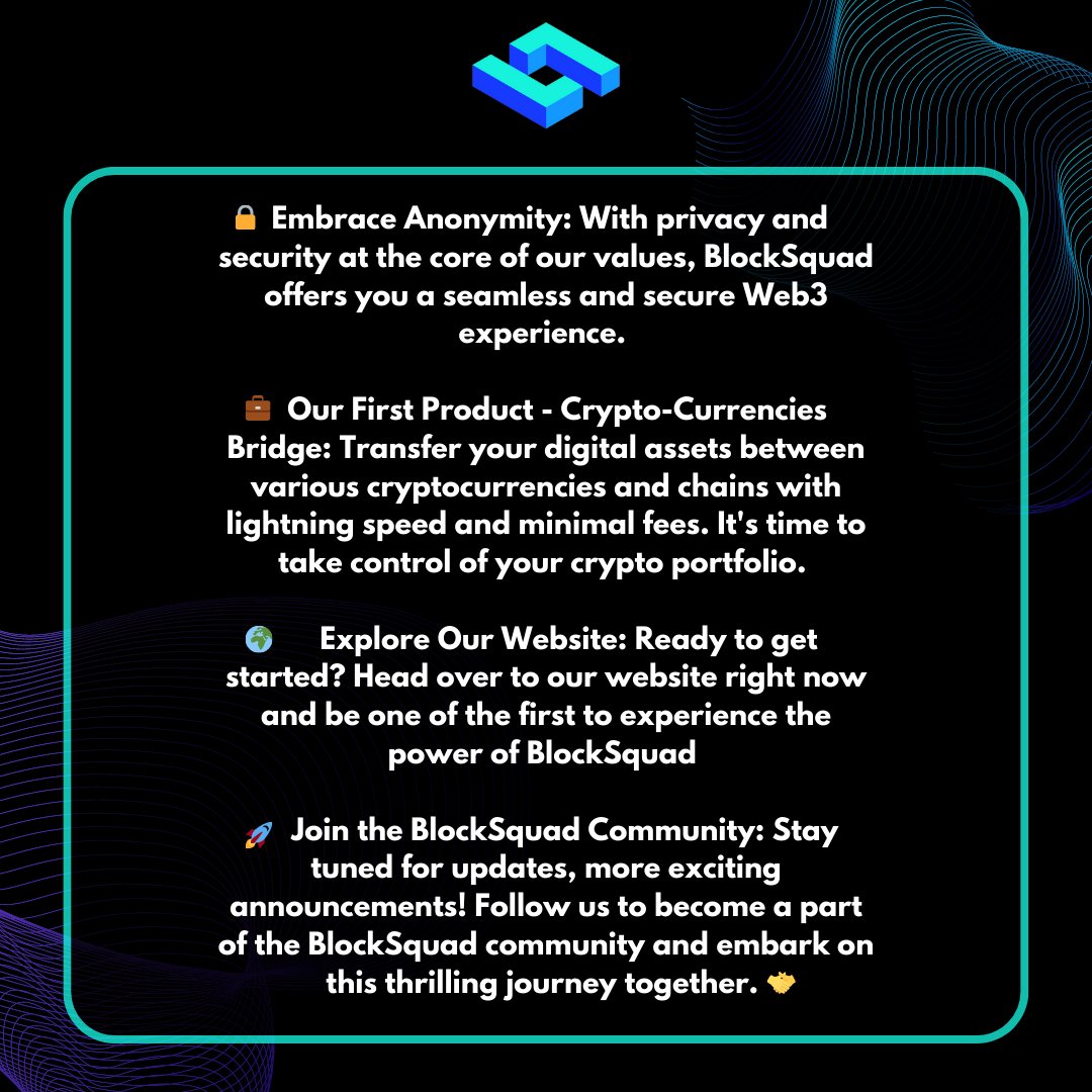 Hi Anons 🕵️‍♂️

Today mark the beginning of a great journey with the launch of BlockSquad and our first service, a non-KYC decentralized crypto exchange 🔁

Already available here : blocksquad.io

Efficiency &amp; Privacy 🔒
