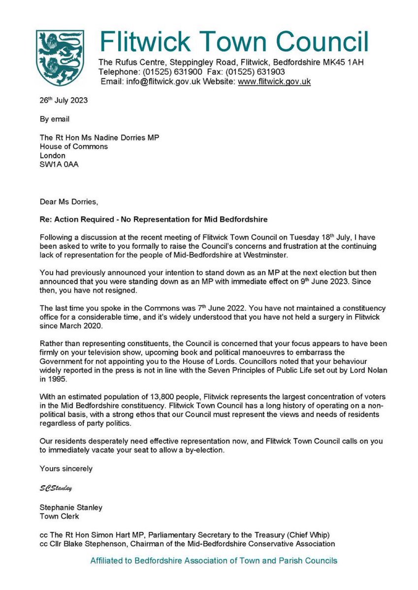 Flitwick’s letter to Nadine Dorries.

They need to recall her and have a By-election, grifters cannot be allowed to sit in seats for up to 2.5 years.

RT if you want Nadine Dorries Recalled.