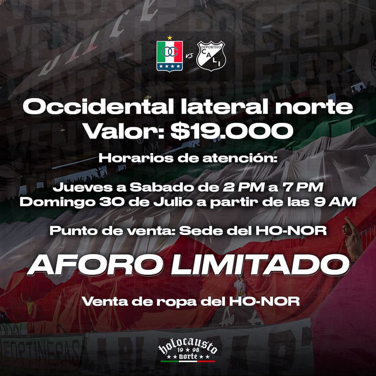 labandadeleje's tweet photo. ¡ATENCIÓN!

Hoy iniciamos con la venta de boletería en la sede del HO-NOR de 2:00pm a 7:00pm.

#AguanteLaBandaDelEje
#OnceCaldasSomosTodos https://t.co/DXOXZDpx2G