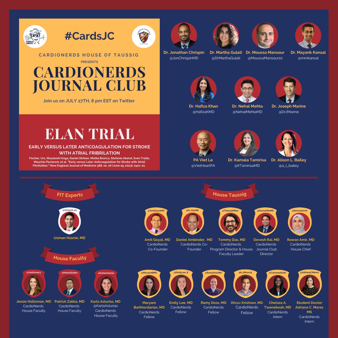 Join us tonight at 8 PM to learn and discuss ELAN trial with a great team of experts and House Taussig!! #CardsJC @DrMarthaGulati @JonChrispinMD @MoussaMansour10 @mmkansal @hafizakmd @NehalMehtaMD @DrJMarine @VietHeartPA @KTamirisaMD @a_l_bailey @UsmanA_24