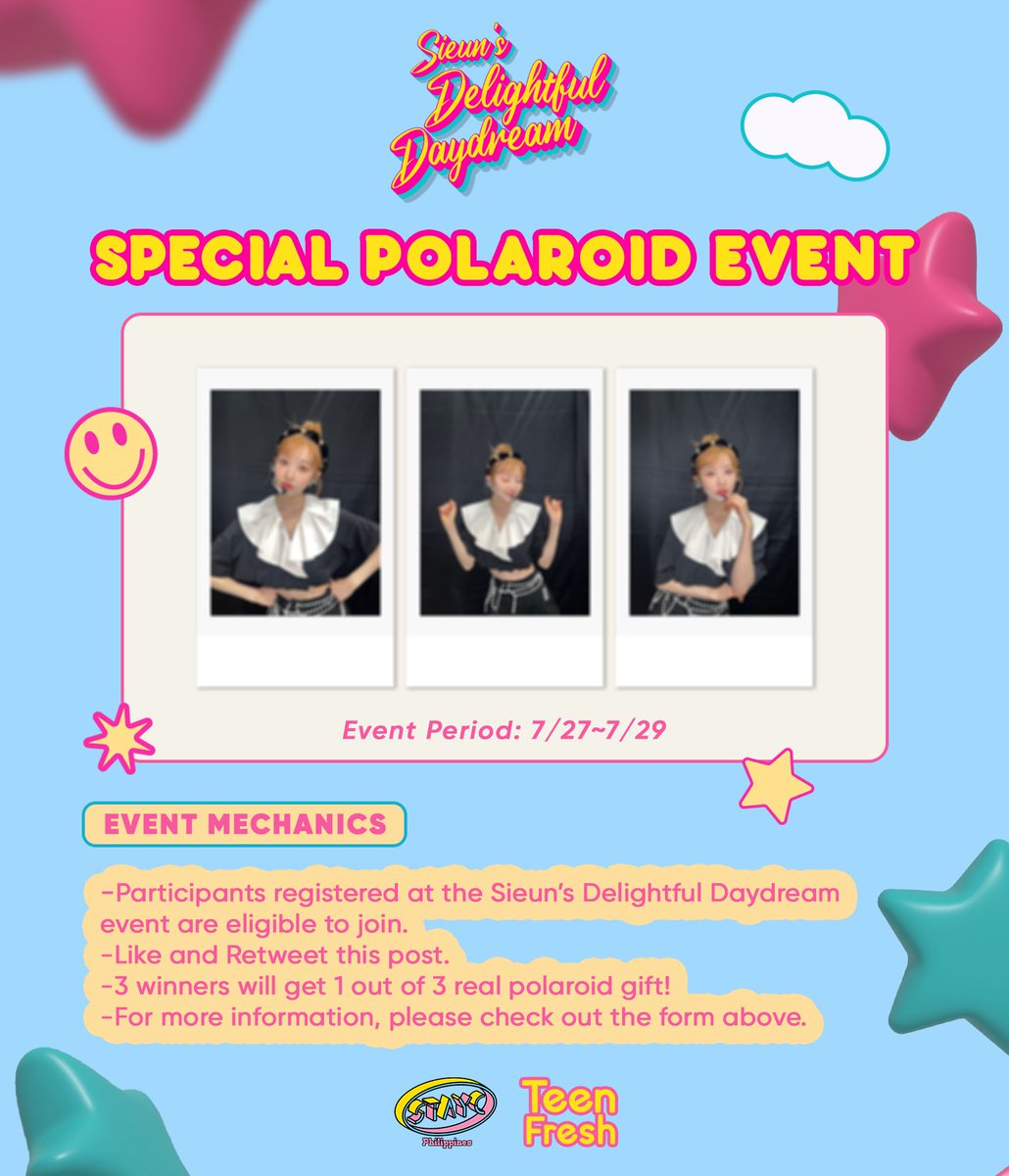 TeenfreshPH's tweet photo. 💫TEEN FRESH X STAYC PHILIPPINES SPECIAL POLAROID EVENT

🎁Winner Prize: 1 out of 3 real polaroid gift! (random)
⏰Event Period: 7/27 (Thu) ~ 7/29 (Sat) 8:00PM

☑️Registration Form: https://t.co/cszzrhXdjf

#STAYC #스테이씨 #DELIGHTFULDAYDREAM https://t.co/SXEEKGbGvW