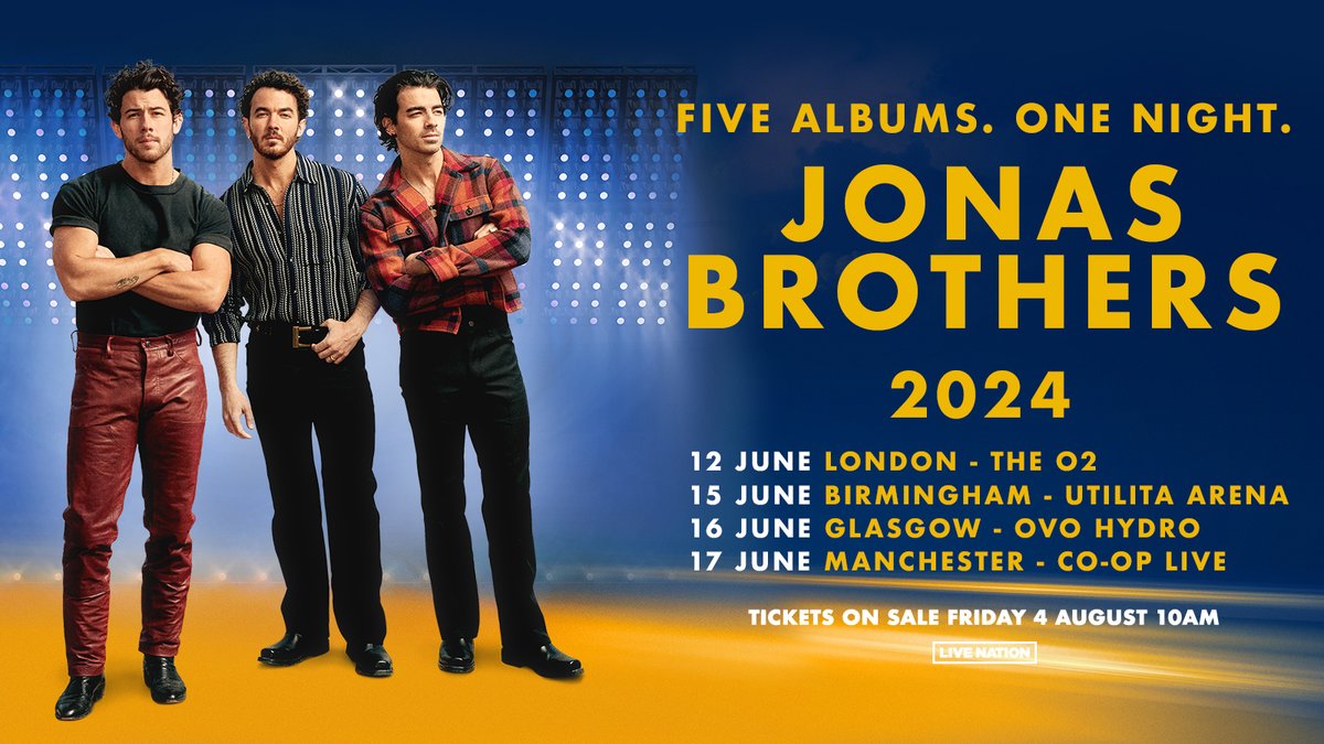 TicketmasterUK's tweet photo. 🔥 HUGE NEWS 🔥

Jonas Brothers: Five albums. One night.

Get your red dress ready, call your friends cause the boys are back in town for June 2024, we'll see ya there @jonasbrothers!

Tickets on sale 10:00, Fri 4 Aug >> https://t.co/NySQVnUZWy https://t.co/62JYSDdsoL