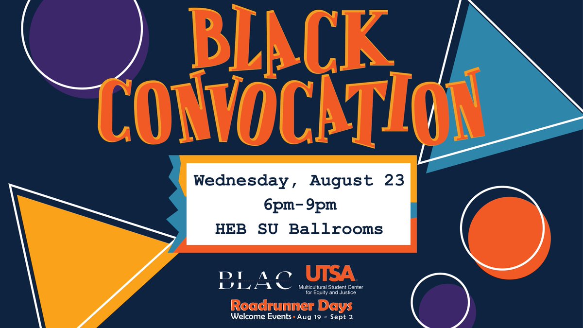 UTSA_MSC's tweet image. MARK YOUR CALENDARS &amp;amp; TELL A FRIEND THAT BLACK CONVOCATION IS BACK!

Come out and get to know Black student organizations and university resources on Wednesday, August 23, from 6-9 pm in the H‑E‑B Ballroom.

We’ll have food from a local Black-owned business &amp;amp; music by DJ WAVVY😎