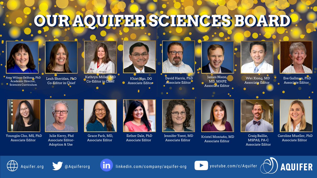 📣Our Aquifer Sciences Team is now our Aquifer Sciences Board! Returning this year are Dr. Amy Wilson Delfosse, Dr. Leah Sheridan, Dr. Khiet Ngo, Dr. Dave Harris, and Dr. James Nixon. They are joined by an incredible group of educators new to the board. <a href="/iamse/">IAMSE</a> #MedEd #MedTwitter