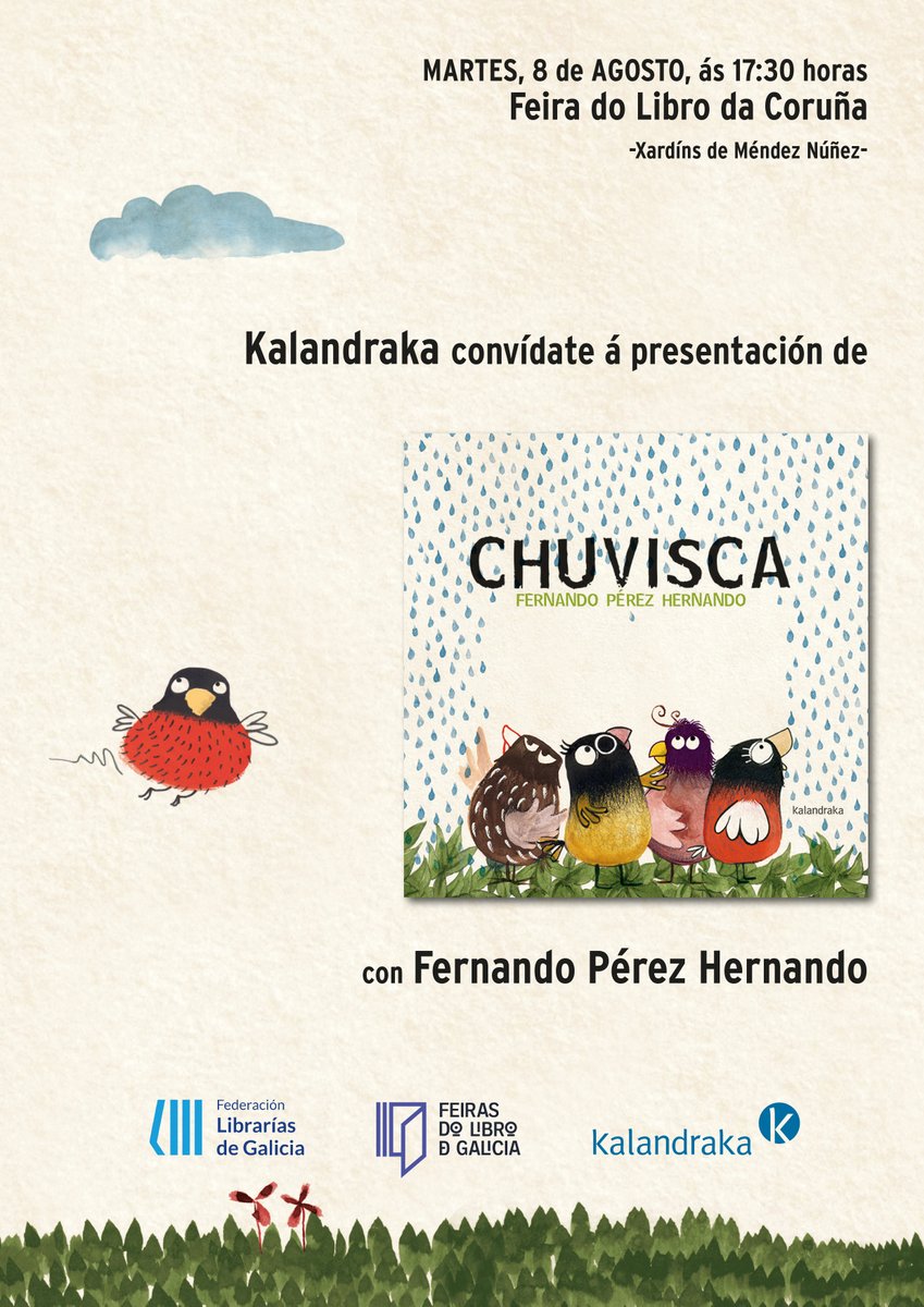 KalandrakaEdit's tweet photo. @LibreriaLume @davidpintor1975 @PacoNogueiras @AxendaLibrarias @LibrariasGal Tamén nos visitará o autor e ilustrador de #Chuvisca, #FernandoPerezHernando, o martes 8 ás 17:30h. Contaramos esta divertida historia cos seus propios protagonistas.
Con estas actividades queremos celebrar os 25 anos de @KalandrakaEdit contigo, non faltes!
#FeiraDoLibroDaCoruña https://t.co/lgqpDBAaAB