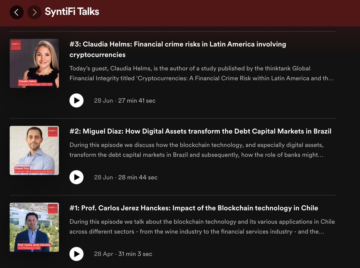SyntiFi's tweet photo. Have you tuned in toποΈ#SyntiFiTalks?
Get cutting-edge insights on the LatAm digital asset ecosystems, as we dive deep into crucial questions with our podcast guests - big shout out π - @cfjerez (@UAI_CL), Miguel Diaz & @ClaudiaMHelms (@IllicitFlows)
π§ https://t.co/8MwmzjmlUi https://t.co/pOHVMhDbi6