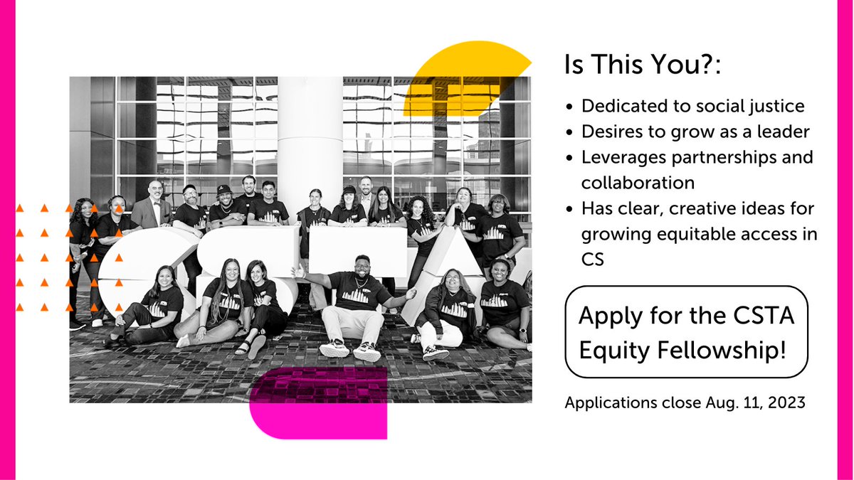 Learn more about the CSTA Equity Fellowship here: ow.ly/6gPH50Pl2L5 

Apply here: ow.ly/FLkZ50Pl2Lc 

#CSforALL #CSEd #CSTAEquity