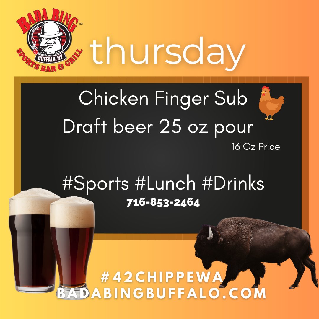BadaBingBuffalo's tweet photo. Your #Buffalo Lunch awaits you at #42Chippewa.  Bring it to the Bing for lunch, dinner, drinks &amp; sports
Today is DRAFT DAY where your draft beer is upgraded by 9 Oz. with NO UPCHARGE
Craft Beer Included!!!!!
716-853-2464
https://t.co/O4kx0qscdk for menu &amp; delivery https://t.co/ftxkHHadUE