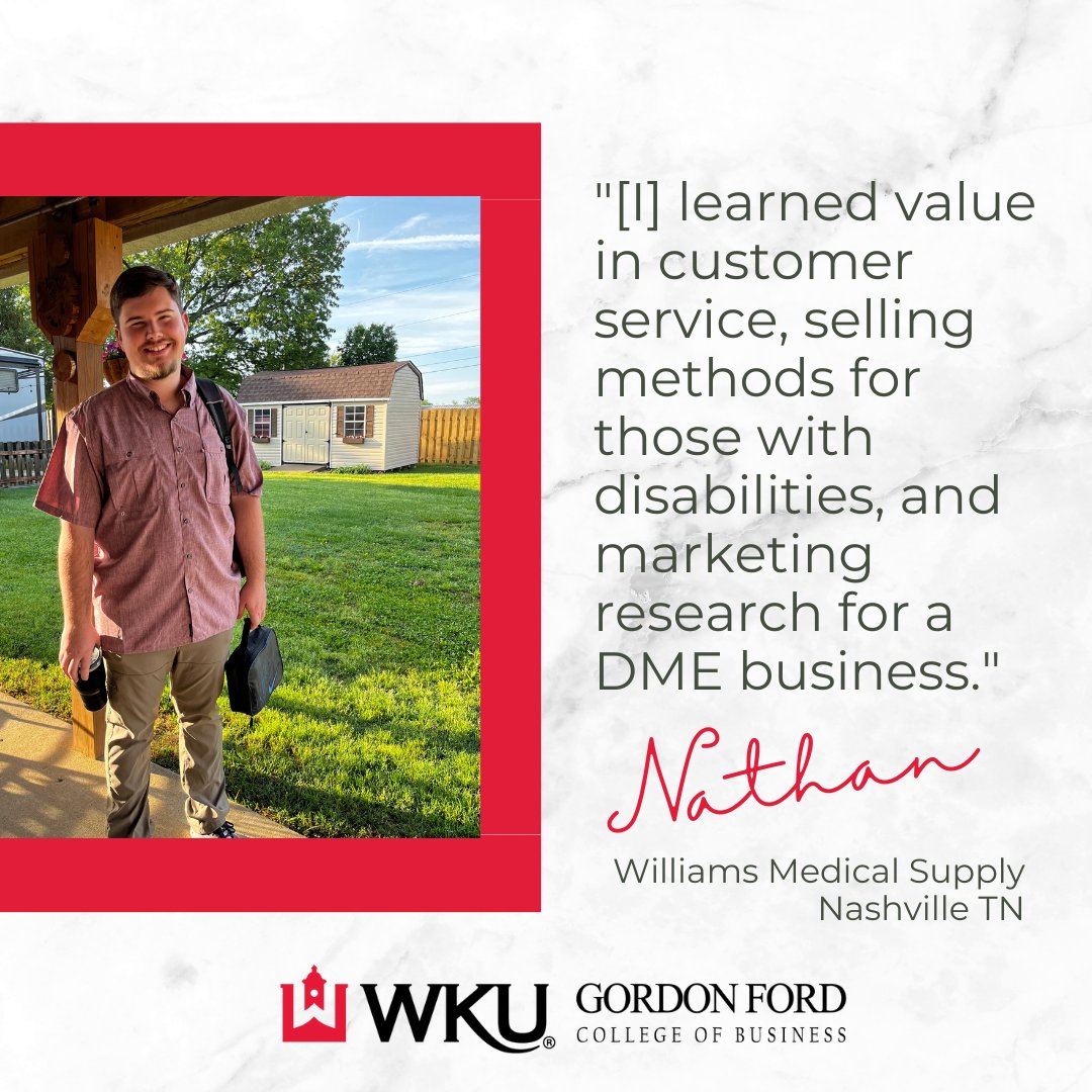 Meet Senior Nathan Smith. Nathan is a Management major interning at Williams Medical Supply, Nashville TN.

#wku #youbelongatgfcb #nationalinternday23