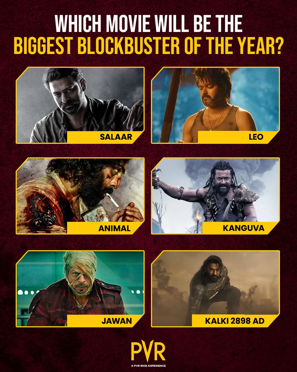 _PVRCinemas's tweet photo. Are you excited for these amazing movies? 🤩 
Which movie, according to you, will be the biggest blockbuster of the year? 🎥 Tell us in the comments!

#Salaar #Leo #Animal #Kanguva #Jawan #Kalki2898AD #Prabhas #Vijay #RanbirKapoor #Suriya #ShahRukhKhan https://t.co/rE8tDICC5b
