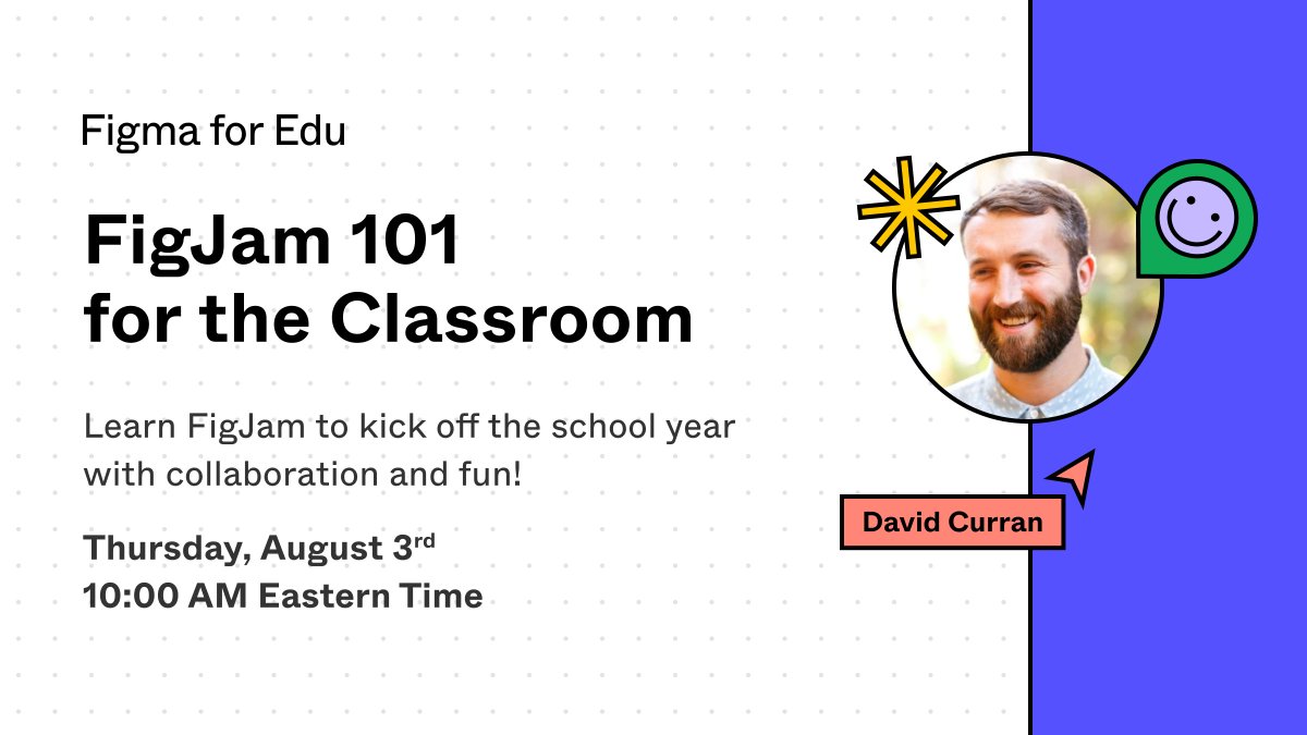 #TeacherTwitter, are you building a classroom community that is driven by curiosity, collaboration, joy, and connection? ➡️Meet Figjam 🎉

Join @TallMrCurran for a FigJam 101 session every week until school starts! bit.ly/3pVpwg5

#edchat #ISTELive23 #pbl #lrnchat