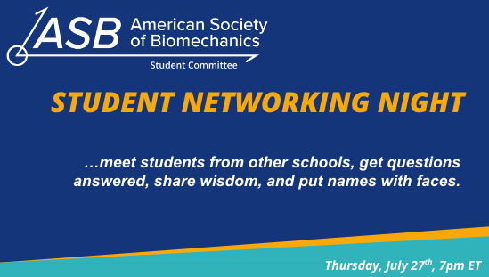 AmSocBiomech's tweet photo. #ASBStudents 

You won't want to miss tonight's ASB Student Networking Night! This is a great opportunity to meet fellow students and get questions answered!  

🎓Student Networking Night 
🗓️Thursday 7/27
📷7-8pm ET  
💻Zoom Registration Link: https://t.co/JAdMQJBE5b… https://t.co/TTX2gaFTRJ