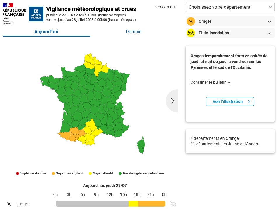 VigiMeteoFrance's tweet photo. 🟠⛈️4 départements en #VigilanceOrange en raison des #orages forts attendus ce soir. Dès cette fin d'après-midi depuis le Béarn, puis en se décalant rapidement à l'est, des rafales de vent voisines de 100 km/h, des chutes de grêle, et des pluies intenses sont possibles. https://t.co/3V8vZNQh4G