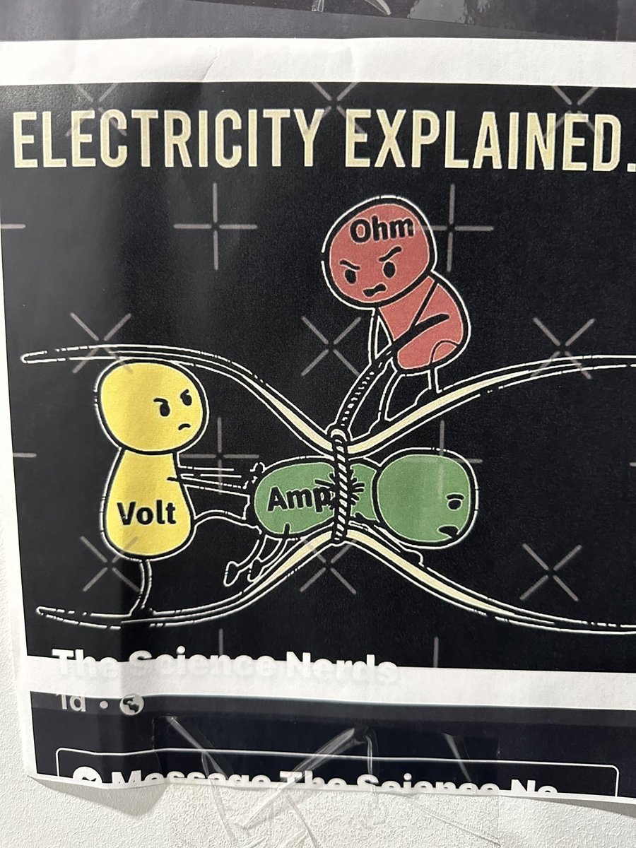 EricTheCarGuy's tweet photo. This is hanging in the tool room at TRQ studios. I think it’s a good illustration of the different properties of electricity. ⚡️#electricity #ohms #volts #amps #teachingtools #trq #ericthecarguy https://t.co/vBOg36oysL