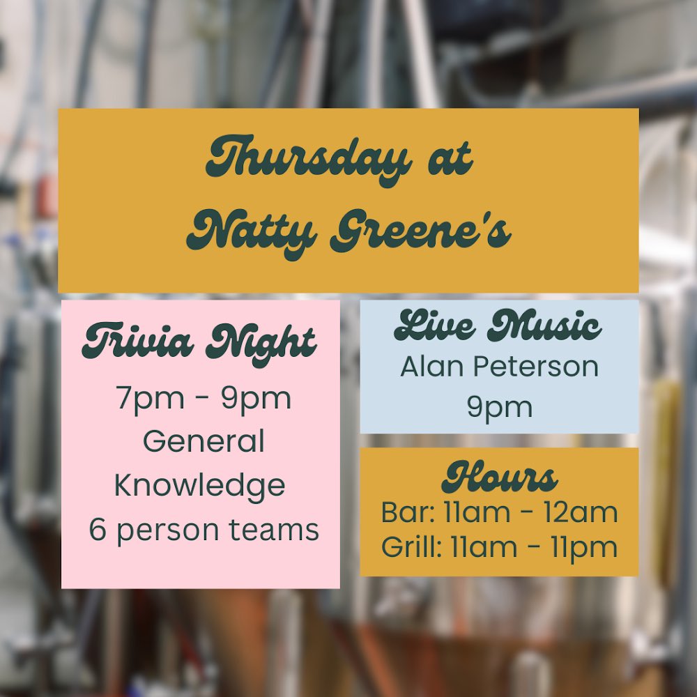 Happy Thursday Greensboro!
General Knowledge trivia tonight from local quiz master Dale followed by live music with Alan Peterson at 9pm!
.
.
.
.
#nattygreenes #downtowngreensboro #greensboronc #triadnc #trivianight #breweryevents