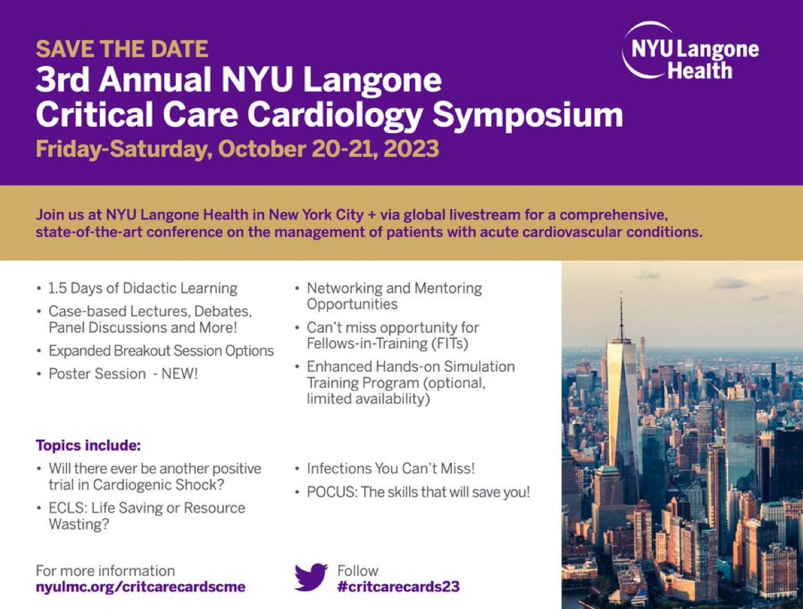 NYULangonePCCSM (@nyulangonepccsm) on Twitter photo Registration is open for the 3rd Annual Critical Care Cardiology symposium! Join experts from NYU & around the world to learn about topics in critical care cardiology, as well as poster & simulation sessions!
📅 October 20-21
📍 <a href="/nyulangone/">NYU Langone Health</a> & virtually
🔗 bit.ly/3XitbAJ Registration is open for the 3rd Annual Critical Care Cardiology symposium! Join experts from NYU & around the world to learn about topics in critical care cardiology, as well as poster & simulation sessions!
📅 October 20-21
📍 <a href="/nyulangone/">NYU Langone Health</a> & virtually
🔗 bit.ly/3XitbAJ