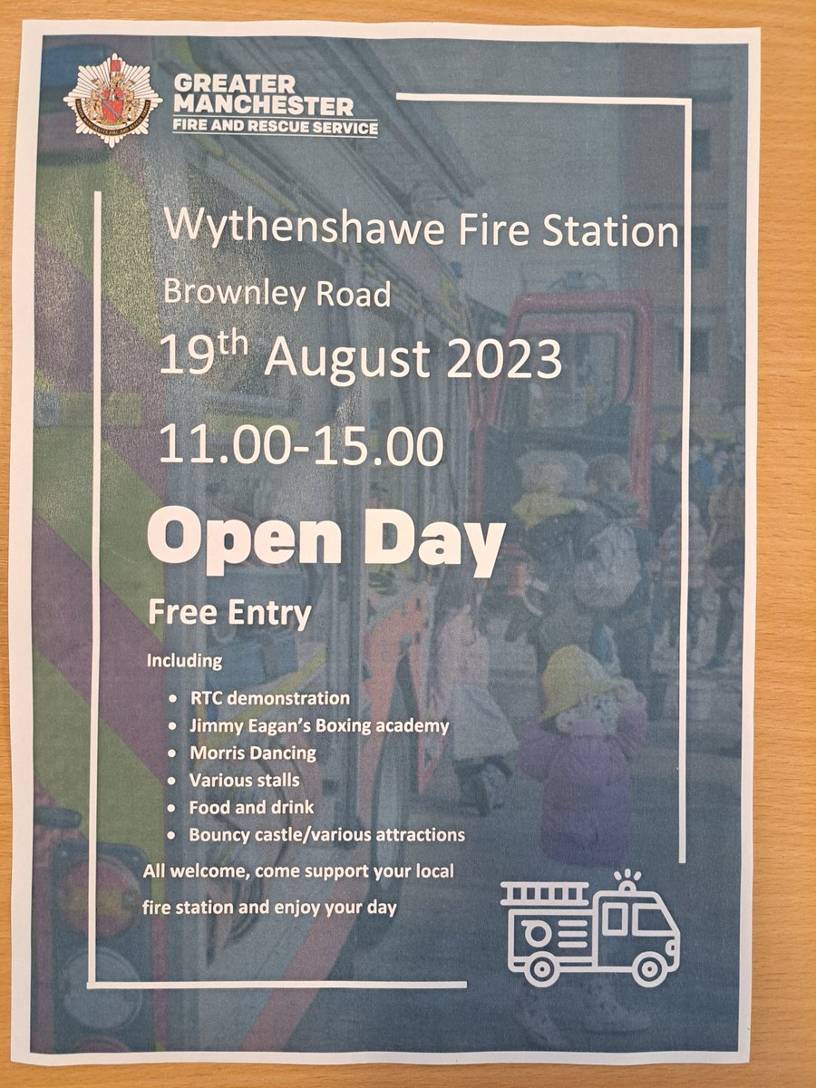Our friends at Wythenshawe Fire Station are organising their yearly Open Day Event at their station on the Saturday 19th August 2023 at 11 AM to 3 PM.  This is family event, open to all communities.  There will be lots of activities &amp; stalls.
