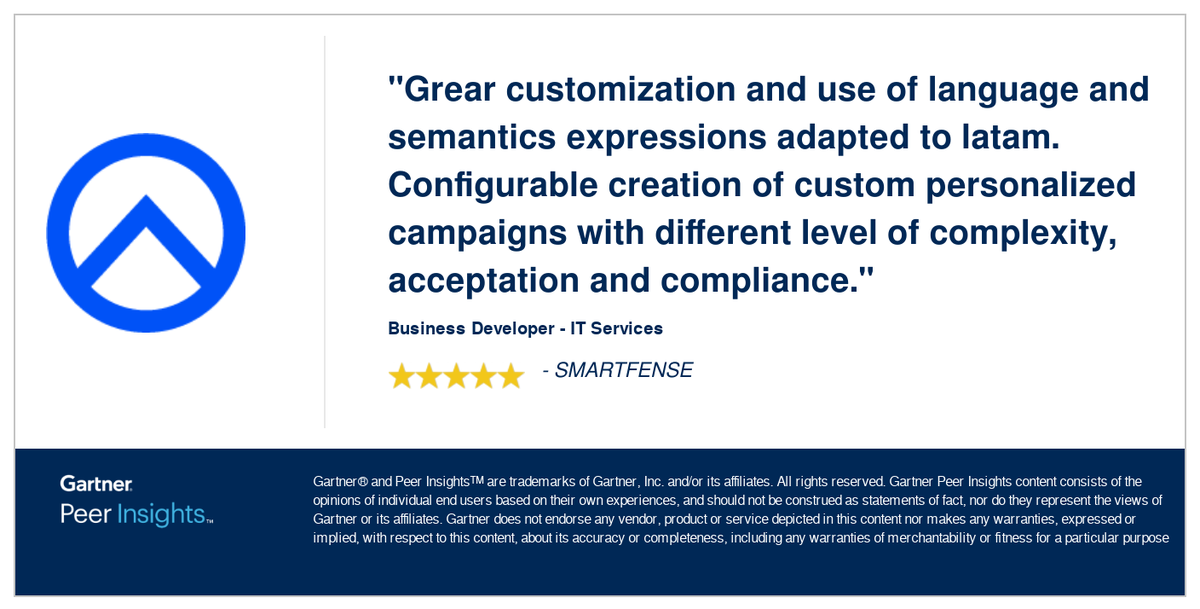 🇬🇧 Business  Developer in the IT Services Industry gives SMARTFENSE 5/5 Rating in Gartner Peer Insights™ Security Awareness Computer-Based Training Market. Read the full review here: hubs.li/Q01YyxsG0 #gartnerpeerinsights

#ciberseguridad #ciso #infosec #awareness