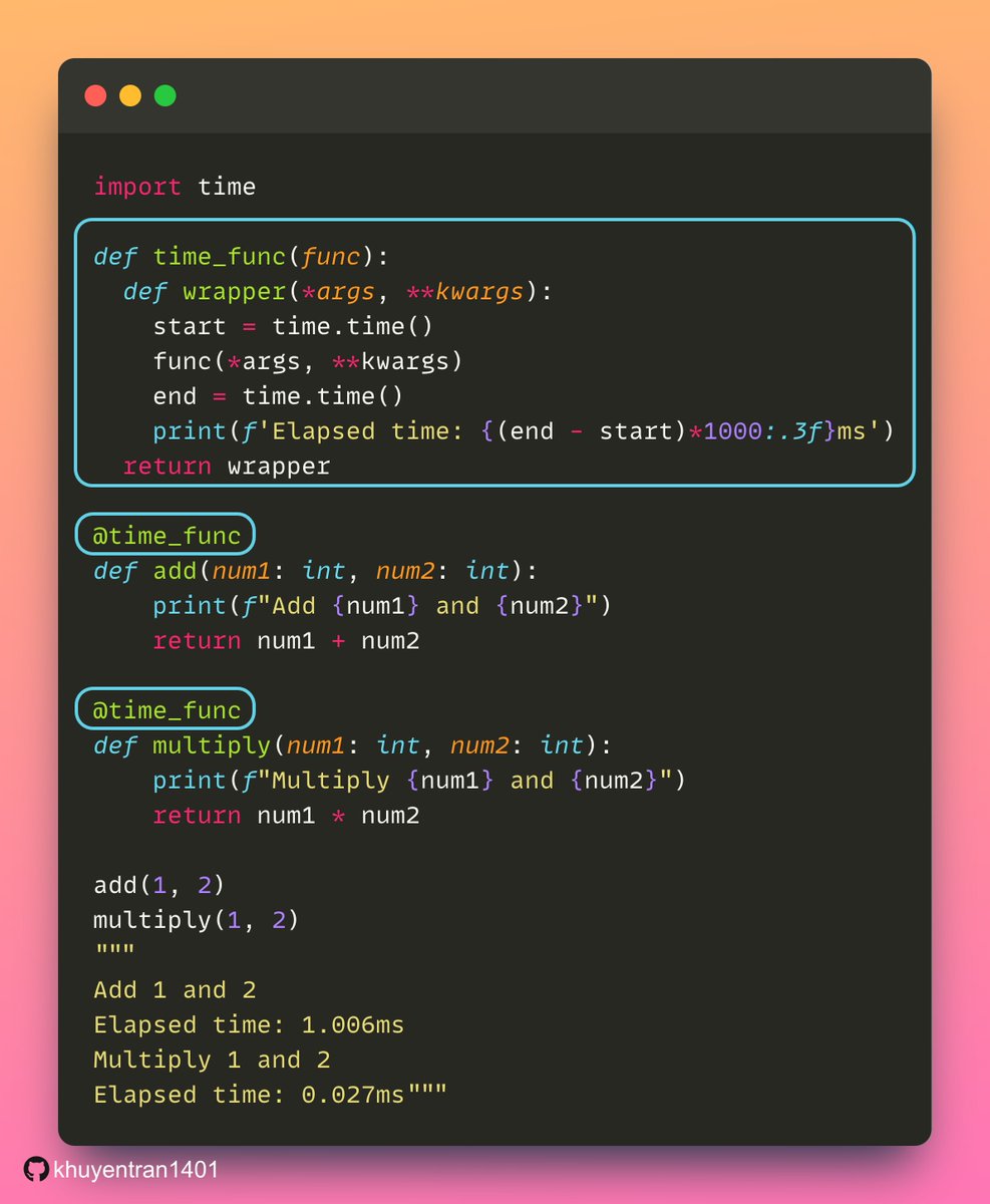 KhuyenTran16's tweet photo. If you want to apply a common piece of functionality to multiple functions while keeping the code clean, use a decorator. 

Decorator modifies the behavior of your #Python functions without altering the code directly. https://t.co/gm0eWtb4Fb