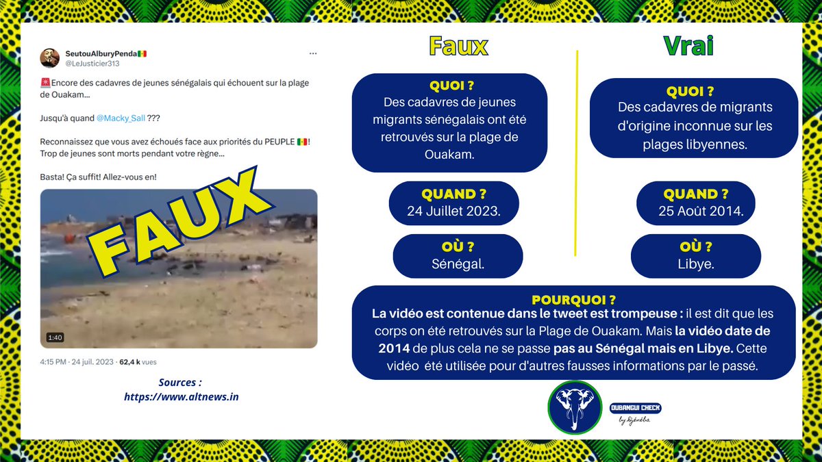 #oubanguicheck Une nouvelle fausse information circule sur les réseaux. Attentions aux  informations que vous partagez, vous n'êtes pas à l'abri que certaines  personnalités/influenceurs fassent la promotion de fausses informations #fakenews pour servir leurs idées politiques. ⬇️