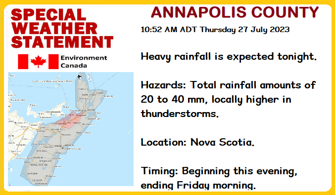 Annapolis_REMO's tweet photo. Heavy rainfall is expected tonight.
Hazards: Total rainfall amounts of 20 to 40 mm, locally higher in thunderstorms.
Location: Nova Scotia.
Timing: Beginning this evening, ending Friday morning
https://t.co/pNxagKCUvE https://t.co/zVqnSZ07Xf