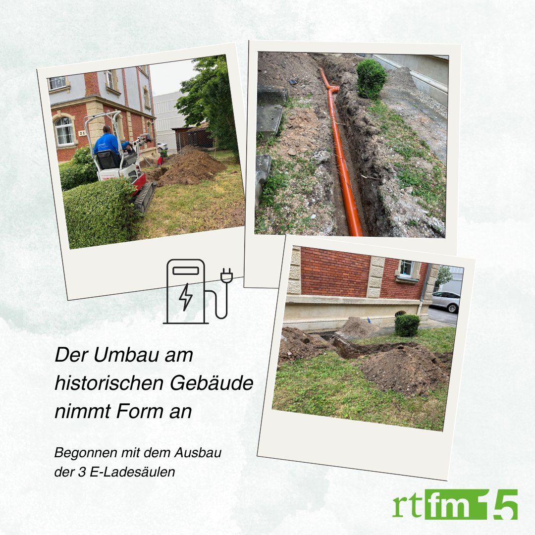 rt_fm's tweet image. Die Frage ist nicht, OB der Bagger Kabel trifft, sondern WIE VIELE 😅 Der Umbau unseres neuen HQ nimmt Gestalt an. Wir starten mit dem Bau von 3 E-Ladesäulen, die bei Bedarf auch weiter ausgeweitet werden können. Wir freuen uns, bald mehr HQ-Updates mit Ihnen und Euch zu teilen