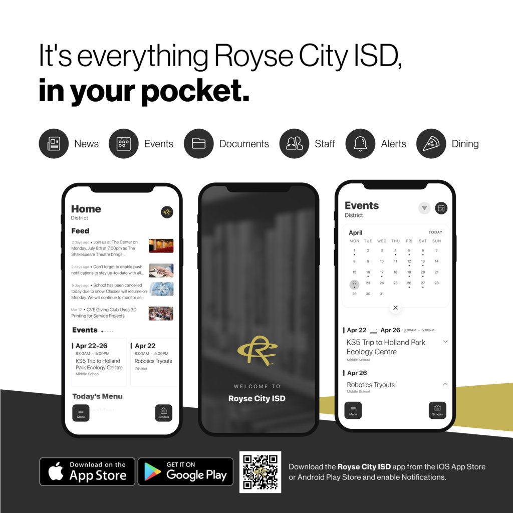 Catch up with the latest student stories, events, and news updates. It's everything Royse City ISD, in your pocket. If you haven't already, download the app! Download for Android bit.ly/3MP1MkT Download for iPhone apple.co/3MTBPkt