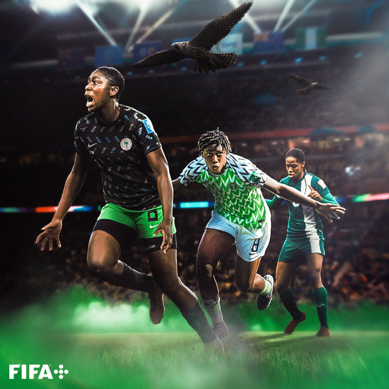 FIFAWWC's tweet photo. A soaring Falcon! 🤩🇳🇬

Asisat Oshoala writes her name into the history books becoming the first African to score in three different #FIFAWWC! 📖

#BeyondGreatness