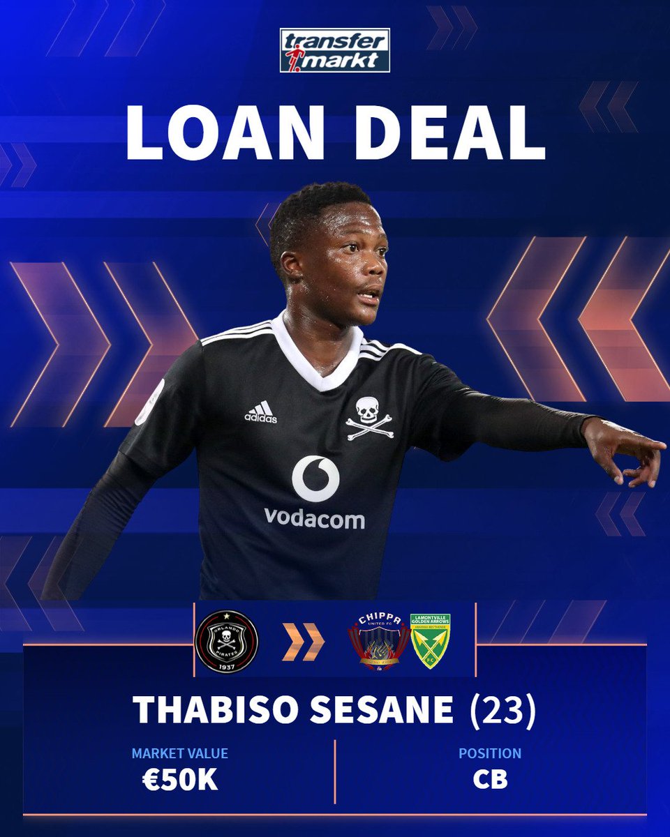 𝗧𝗥𝗔𝗡𝗦𝗙𝗘𝗥 𝗨𝗣𝗗𝗔𝗧𝗘

Chippa United &amp; Golden Arrows are interested in signing Orlando Pirates defender, Thabiso Sesane.

"It'll be a loan move," confirms our source.

SESANE PROFILE: transfermarkt.co.za/s/DOn