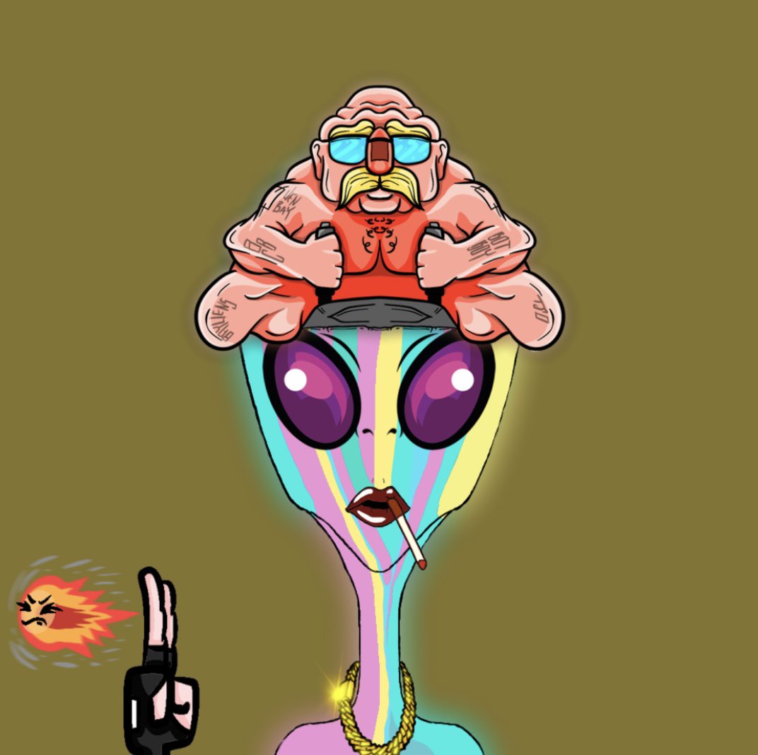 I don’t even know where to start! A raffle on <a href="/jpegooor/">JPEGOOOR</a> got me this #baylien that has:

Those fingers by <a href="/Memofrogwell/">Frogwell 🐸</a> 
Fatboy by @ThisBotBoy 
Body my the legend <a href="/TrippySteve22/">TrippySteve22</a> 
<a href="/sleak_crypto/">Sleak</a>’s neck and shoulder traits
Eyes by @ARich_FTM 

Simply beautiful!

@moon_masters