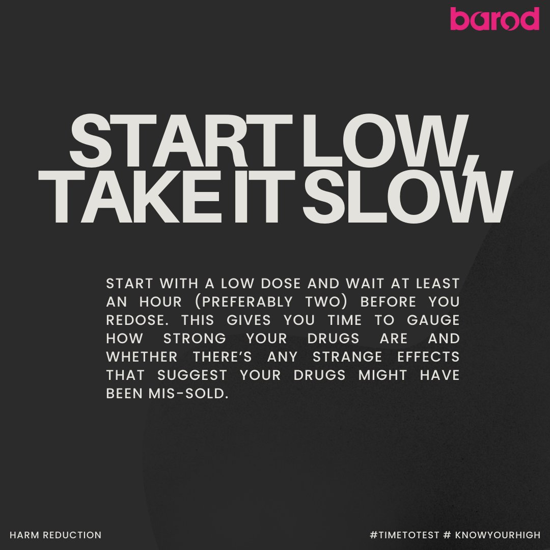 WeAreBarod's tweet image. Start slow, assess effects, avoid surprises

Take at least an hour, preferably two, to evaluate the potency and potential unusual effects of your drugs

👉 For more info, visit barod.cymru/KnowYourHigh

#KnowYourHigh #TimeToTest #DrugChecking #HarmReduction