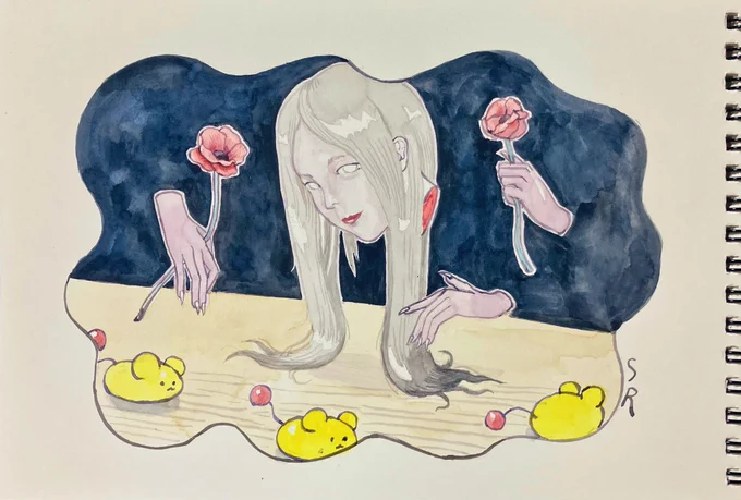 #メンタルスケッチ「花を持つ幽霊」SM/紙、水彩/2023 