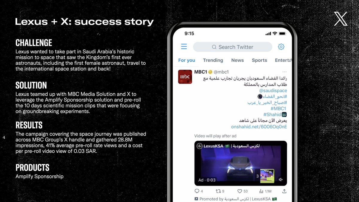 .<a href="/LexusKSA/">لكزس السعودية | LexusKSA 🇸🇦</a> teamed up with <a href="/mbc1/">MBC1</a> and X to take part in Saudi Arabia’s historic mission to space. Check out the case study for more details ⬇️