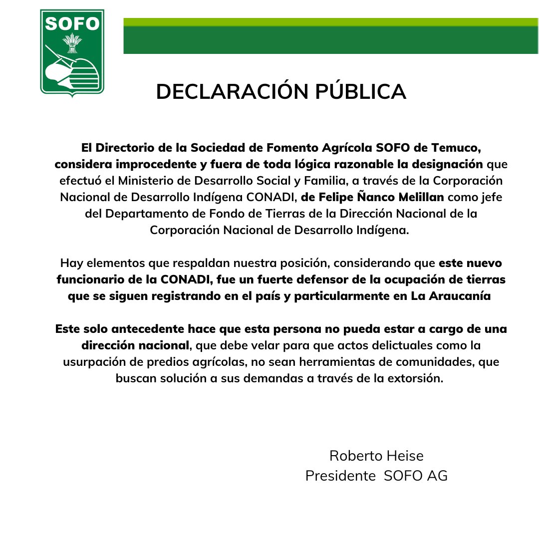 AraucaniaSofo's tweet photo. 🔴El  Directorio de SOFO de #Temuco  considera improcedente y fuera de toda lógica razonable la designación  de Felipe  Ñanco como como jefe del Departamento de Fondo de Tierras.
⏺️Ñanco fue un fuerte defensor  de usurpaciones y tomas de tierras ocurridas #LaAraucanía.
#Chile https://t.co/QBcXJhehmK