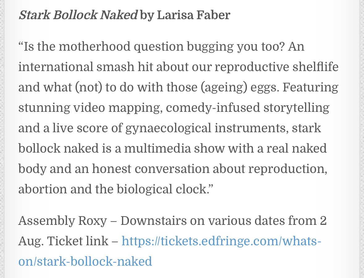 LarisaFaber's tweet photo. An endeavour of epic proportions: 80 theatre picks by @loureviewsblog ✨

So chuffed our goofy little show #starkbollocknaked is part of it 🥚🧠

@chloenelkin @martynazuzu @ShamiraTurner @eugenie_pastor https://t.co/5YVfulhory