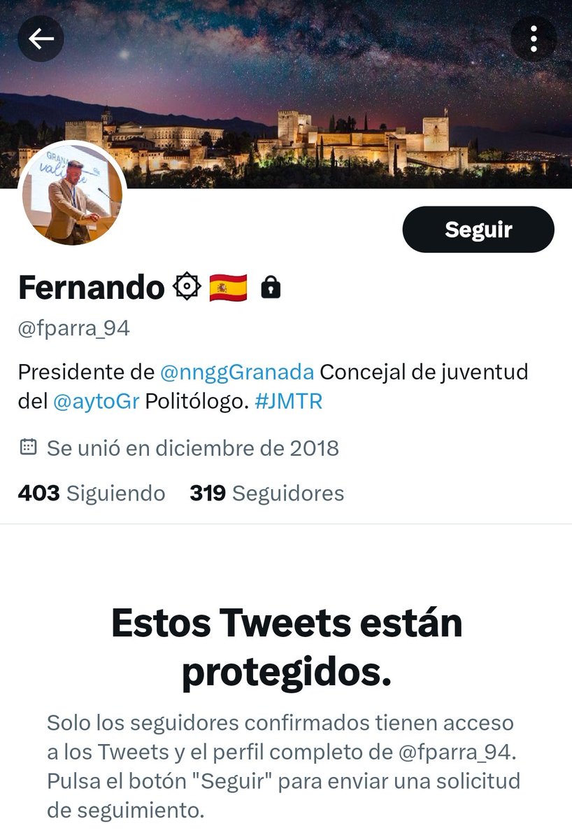 NINORAMAZOTI's tweet photo. Recordemos al @ppgranada y a @marifrangr, @1JorgeSaavedra y @JuanMa_Moreno que el perfil del presidente de @nnggGranada y concejal de Juventud del @aytogr, @fparra_94, sigue a estas horas "cerrado al público" y él "desaparecido".
🤔¿Por qué? ¿Algo que esconder?
#ParraDimision https://t.co/DMFl1cZrxT