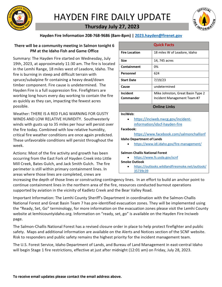salmonchallisnf's tweet photo. #HaydenFire update for July 27, 2023
Fire Location: 18 miles W of Leadore, Idaho 
Size: 14, 745 acres
Containment: 0% 
Personnel: 624
Start Date: 7/19/23 
Cause: undetermined 
Incident Commander: Mike Johnston, Great Basin Type 2 Incident Management Team #7
📷 https://t.co/9W7OdpnF7K