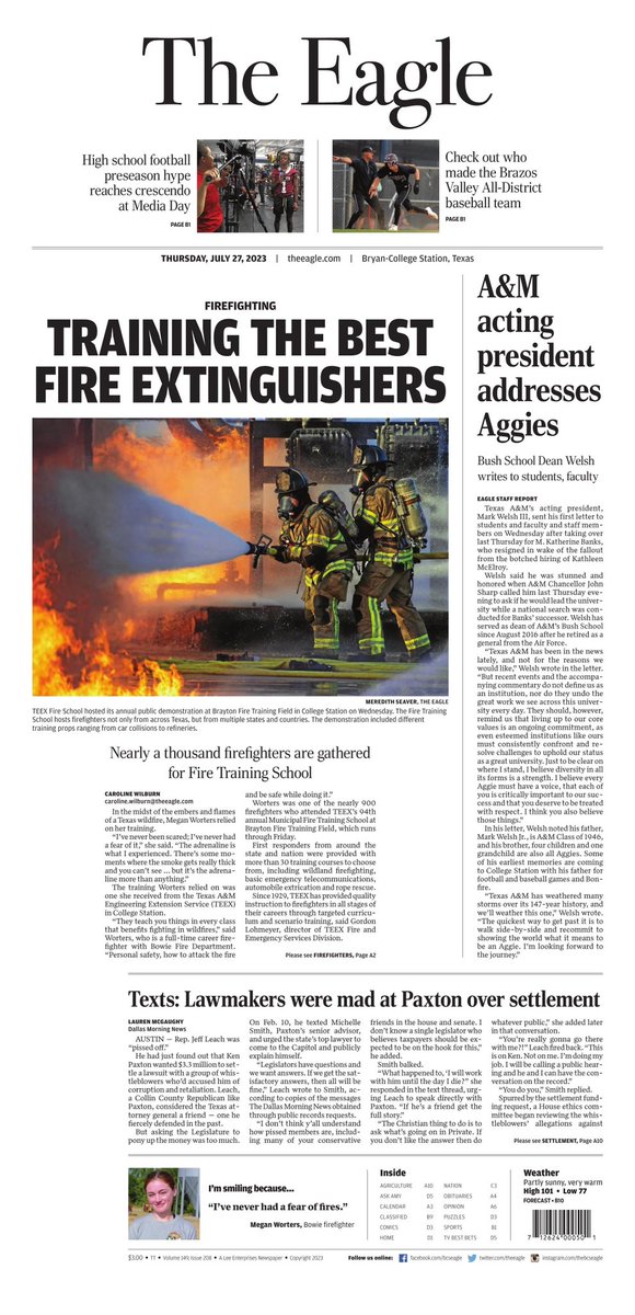 carolinewilb's tweet photo. Today’s front page: @teextweet welcomed hundreds of firefighters from around the nation for their 94th annual Municipal Fire Training School. 

https://t.co/HnR475flTK https://t.co/ZEEdc4FTA6