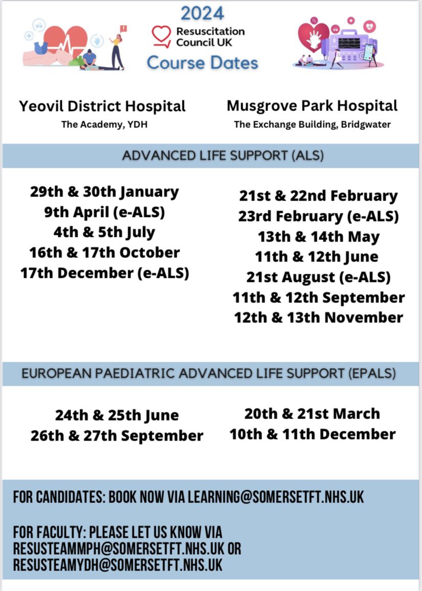 FTResusTeam's tweet photo. We have finalised 2024 ALS & EPALS dates. Our course centre runs in 2 venues: Yeovil & Bridgwater and is happy to deliver both 1 & 2-day courses. Let us know if you would like to join us to become qualified, or as part of our faculty ๐ฉท
#ALS #EPALS #resusfamily @ResusCouncilUK https://t.co/7WiZKM92zs