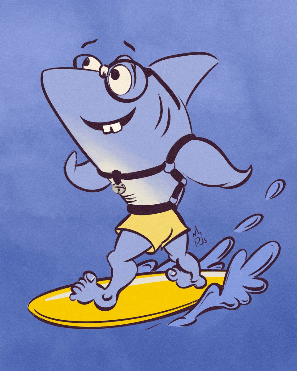 PrincessPajama2's tweet photo. I like @CodySchibi's #MakingMonsters drawing nights because they challenge me to draw things I'd never normally draw. The prompt words for this piece were "shark" "radical" (which is why he's surfing) "pedant" (attempted to portray via face &amp; expression) "harness" and "bell" https://t.co/LcuFY1PcMg