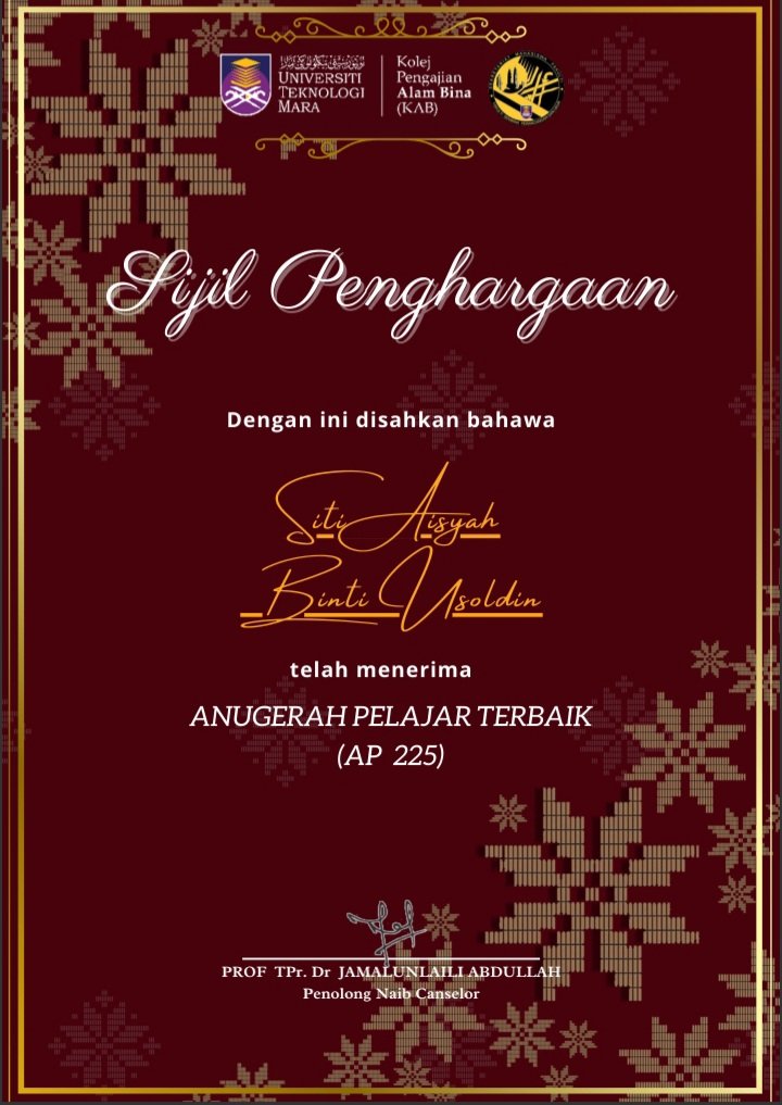aisyshh_'s tweet photo. Alhamdulillah, one of my achievement for the year 2023 ❤
#uitm #fspu https://t.co/G390l3quTI