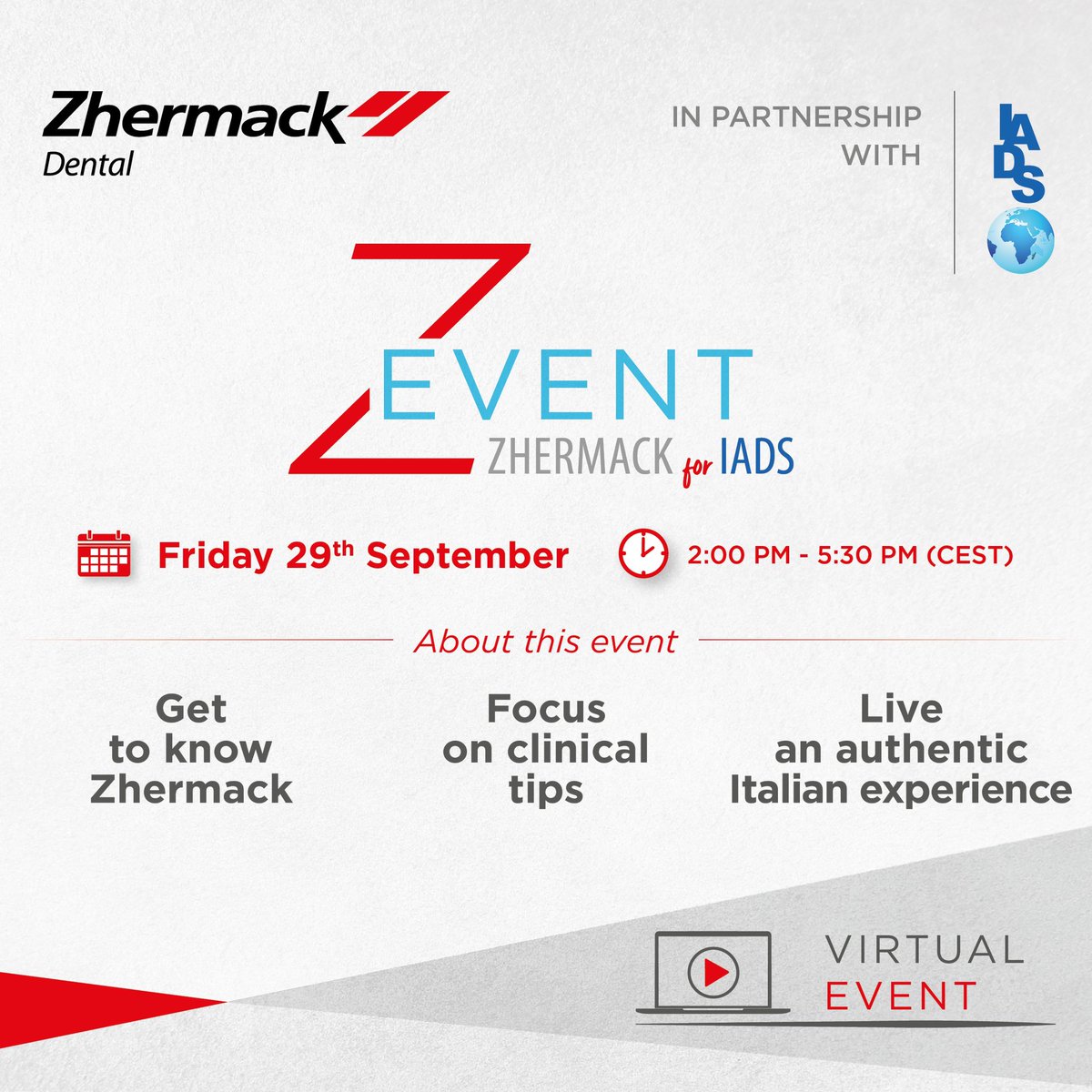 We are so happy to announce a uniqe online experience in collaboration with Zhermack 🤩 ZEvent is a mixture of education and fun, italian dental materials and italian cuisine! Registration form: cvent.me/o9rZVz and in bio! See you! #ZHERMACKxIADS #iads