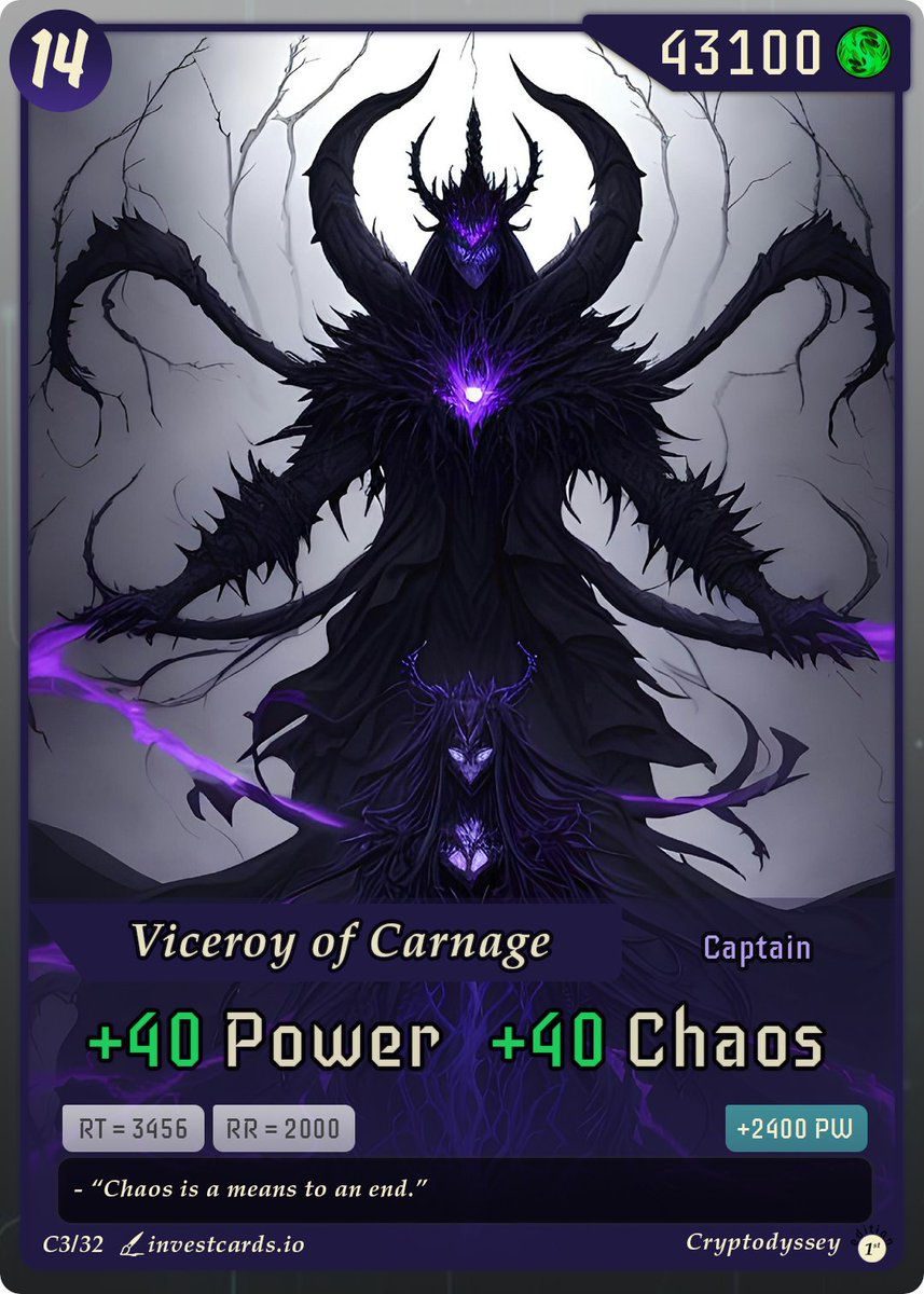 Card 3! 

I've been waiting to make this one: Viceroy of Carnage

A level 14 card, which is the second highest level for the #game. ☠️🔥

Details on the card below: