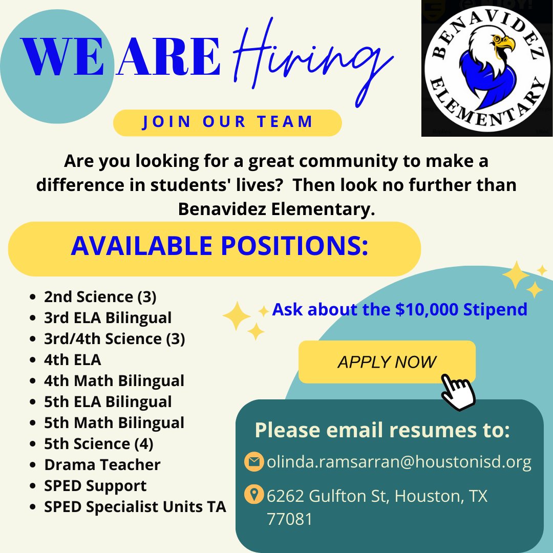 Dr. Olinda R. (@olindaram6) on Twitter photo We are looking for Reading, Bilingual, and Science teachers. Come join the Benavidez family and make a difference in our community! <a href="/RoyPEagle/">Benavidez Elem. HISD</a> <a href="/HISD_West/">🚨 This page is no longer active! 🚨</a> <a href="/gittenssm/">Stephen Gittens</a> @TeamHISD We are looking for Reading, Bilingual, and Science teachers. Come join the Benavidez family and make a difference in our community! <a href="/RoyPEagle/">Benavidez Elem. HISD</a> <a href="/HISD_West/">🚨 This page is no longer active! 🚨</a> <a href="/gittenssm/">Stephen Gittens</a> @TeamHISD